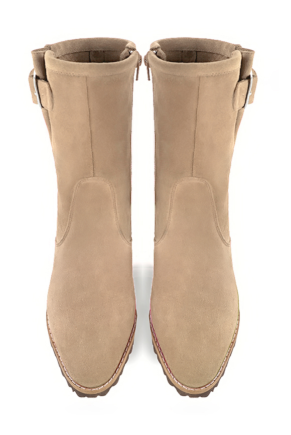 Tan beige women's ankle boots with buckles on the sides. Round toe. Medium block heels. Top view - Florence KOOIJMAN
